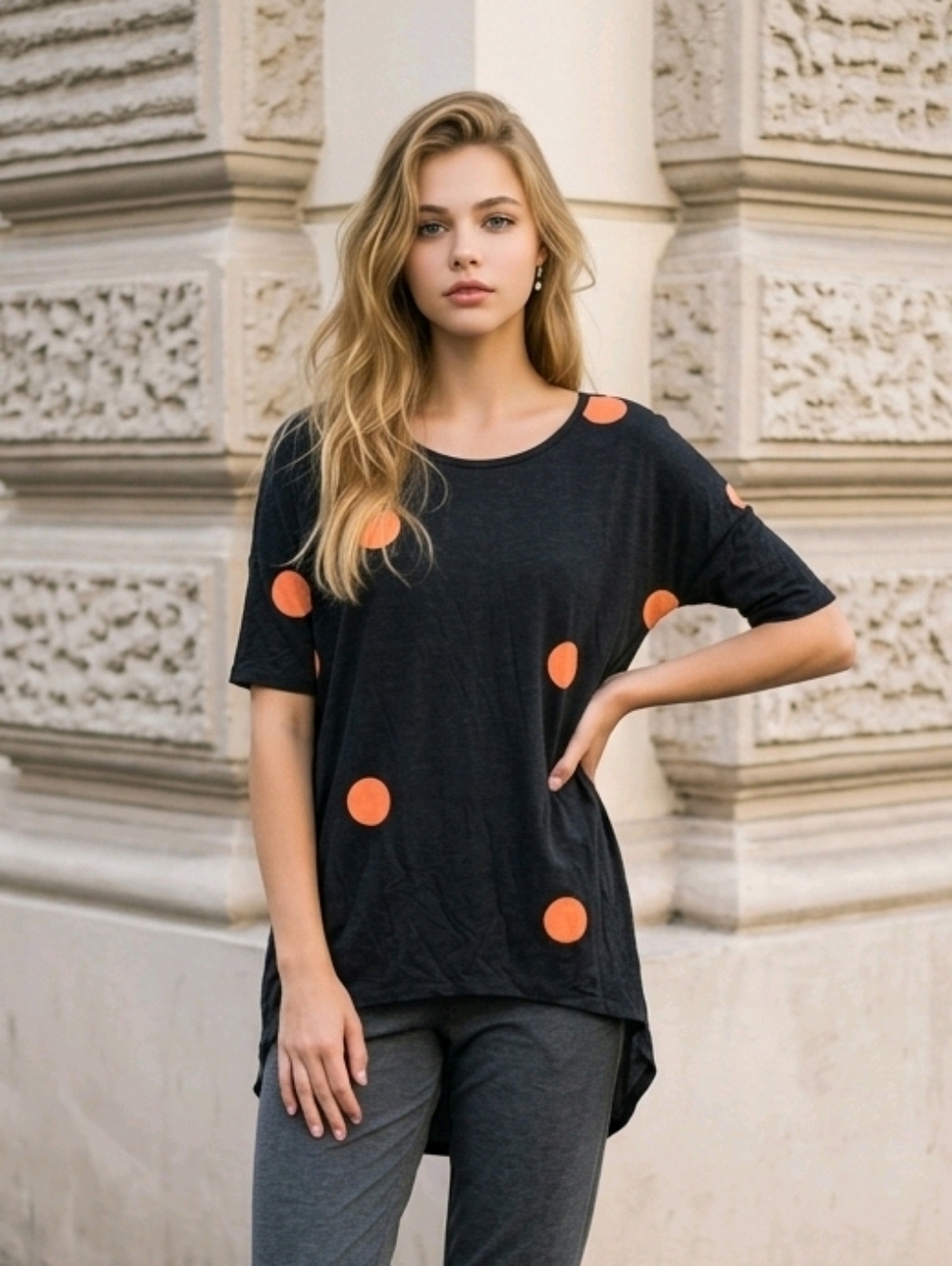 LuLaRoe Irma Tunic XS / S Black Orange Polka Dot High Low Swing Tee Leggings Top